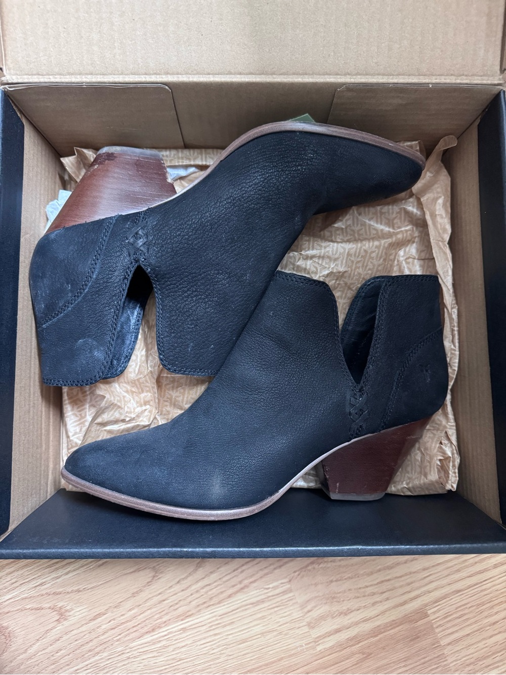 Frye Women's Black Suede Cutout Ankle Booties with Brown Block Heel (Reina)